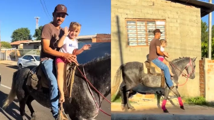 Menina se emociona ao ser buscada de égua na escola