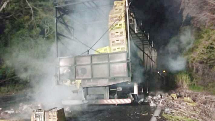 Caminhão carregado com frangos pega fogo na BR-280 em Renascença