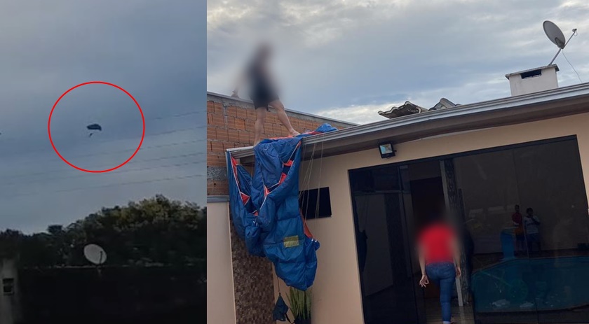 Paraquedista perde o controle do equipamento e cai em residência no Bairro Pinheirinho