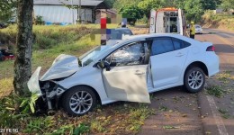 Carro sai da pista e bate contra árvore no interior