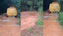Ônibus com crianças fica ilhado após enxurrada em estrada rural