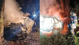 Duas pessoas morrem carbonizadas após carro bater contra árvore e pegar fogo no Paraná