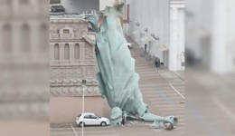 Estátua da Havan cai durante temporal em Guaíba