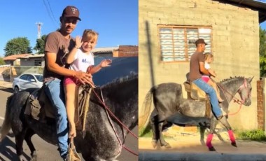 Menina se emociona ao ser buscada de égua na escola