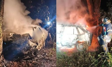 Duas pessoas morrem carbonizadas após carro bater contra árvore e pegar fogo no Paraná