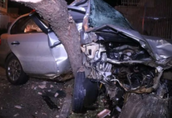 Mulher morre após carro sair da pista e atingir árvores e muro