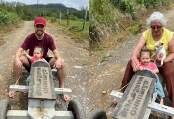 ‘Taca-le pau, Marco Véio’: protagonista de meme recria descida com filha dez anos após viralizar