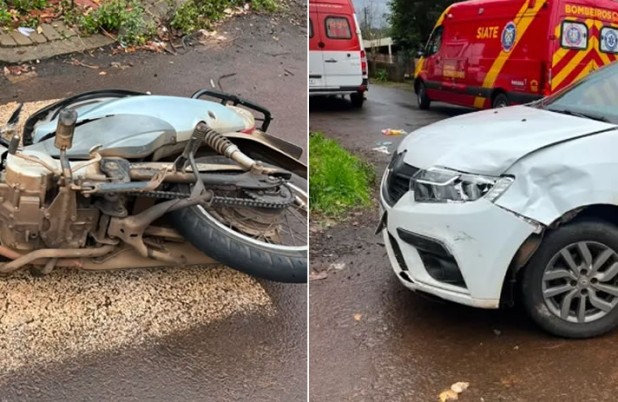 Duas pessoas ficam  feridas  após colisão entre motocicleta e carro