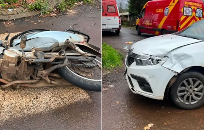 Duas pessoas ficam  feridas  após colisão entre motocicleta e carro