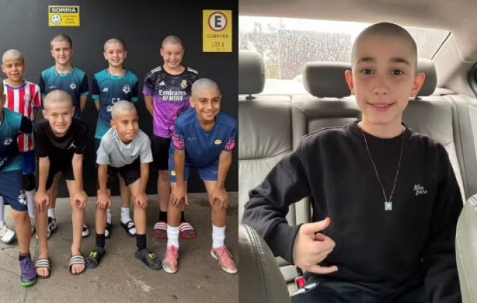Menino de 10 anos com câncer corta cabelo minutos após descobrir que amigos de futsal rasparam a cabeça por ele no Paraná