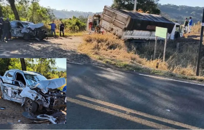Carro fica destruído após colisão com caminhão na PR-281