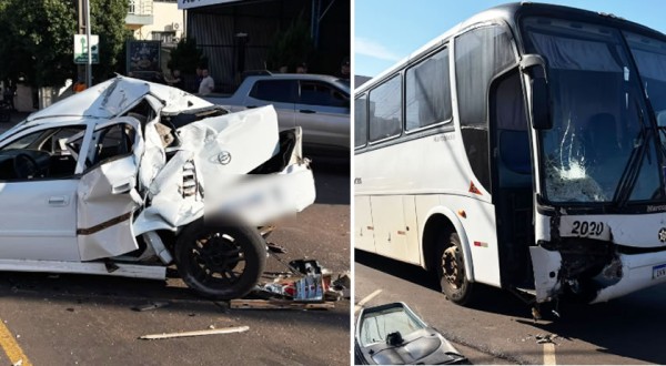 Ônibus com trabalhadores bate em carro após falha nos freios Coronel Vivida