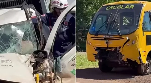 Colisão frontal entre Fiat Strada e ônibus escolar deixa motorista ferido no Sudoeste do Paraná