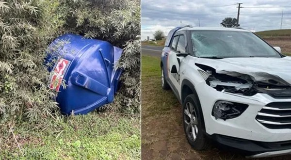 Caixa d'água cai de caminhão e atinge veículo na PR-483