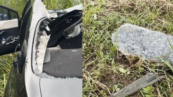 Rocha cai de caminhão, arranca teto de carro e fere motorista