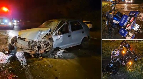 Quatro pessoas ficam feridas em colisão envolvendo duas motocicletas e um automóvel na PR 182