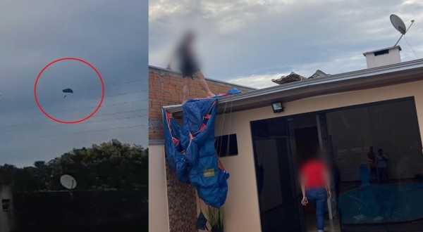 Paraquedista perde o controle do equipamento e cai em residência no Bairro Pinheirinho