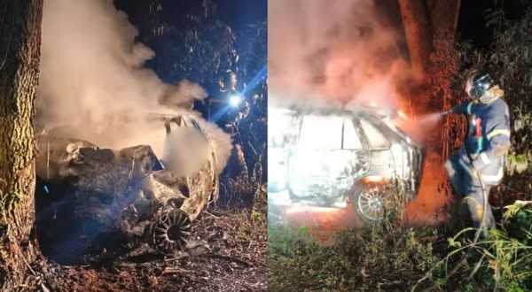 Duas pessoas morrem carbonizadas após carro bater contra árvore e pegar fogo no Paraná