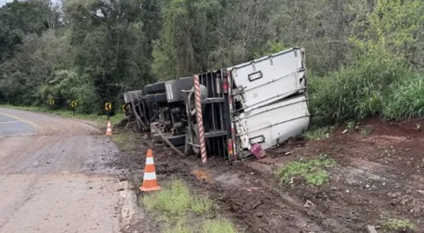 Caminhão carregado com alimentos tomba na PR-481 e motorista é socorrido