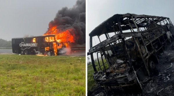 Ônibus de banda gaúcha pega fogo na BR-376 enquanto integrantes dormiam