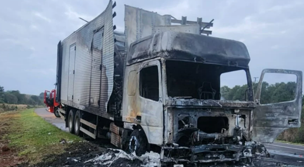 Caminhão com medicamentos pega fogo na BR-282